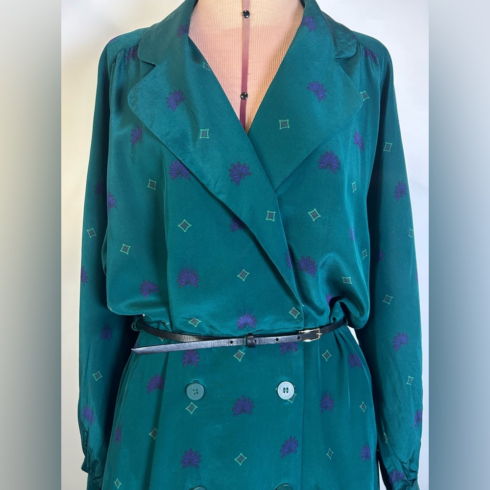 Vintage 80s/90s Liz Claiborne 100% Silk Dark Green Print Midi/Maxi Dress Size 8 - Picture 3 of 16